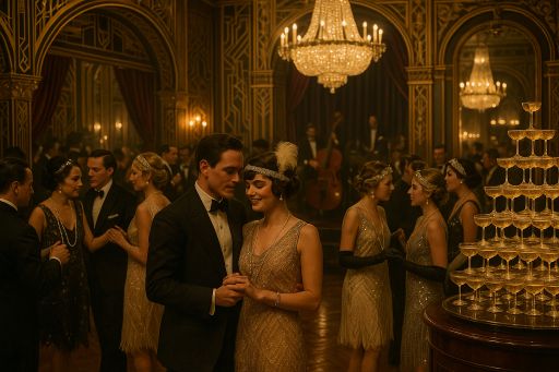Choosing Themes for Adult Parties: Unique Ideas to Celebrate Hyper-realistic image of a 1920s Great Gatsby-inspired party in a luxurious ballroom with art deco design, guests in period attire, jazz band, and champagne tower subtly illuminated by warm candlelight and electric glow.
