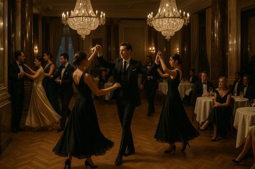 Are Private Dance Parties Safe? Dance Tips & Stress Relief through Dance Elegant ballroom dance class for international guests in a luxurious hotel ballroom.