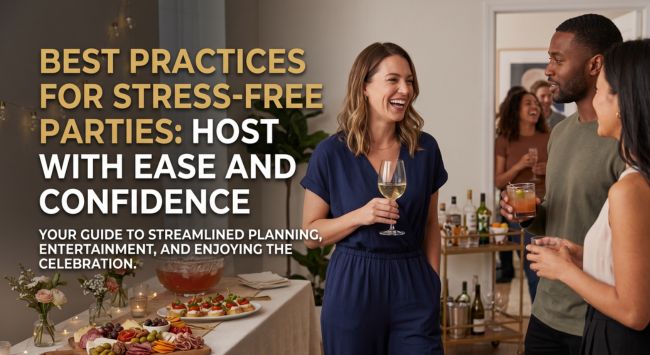confident host A woman engaging with party guests holding drinks