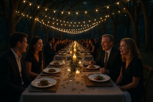 people seated at a long dining table outside at night