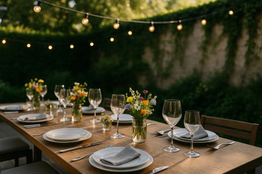 Best Practices for Stress-Free Parties: Host with Ease and Confidence A table set outdoors with hanging lights