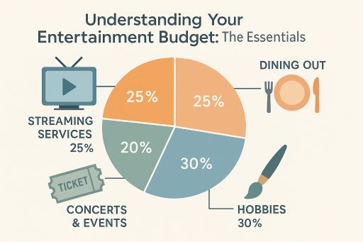 Infographic illustrating entertainment budget essentials with icons like TV, plate with fork, ticket stub, paintbrush. Uses soft blues, greens, and oranges on white, with labels for streaming, dining, events, and hobbies' cost proportions.