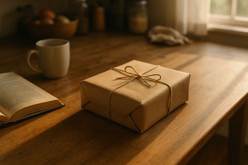 Celebration Ideas for Milestone Birthdays: How to Celebrate and Mark Special Ages A minimalist photo of a gift box wrapped in plain brown paper and secured with twine, inconspicuously placed among household items on a cluttered kitchen table, illuminated by morning sunlight. An open book and coffee mug add to the setting's casual yet secretive ambiance.