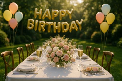Opulent garden setting features a long, elegant table with pastel flowers and crystal glassware under the sun, surrounded by lush greenery, gentle balloons, and warm lighting. Captivates the grandeur of a luxurious birthday celebration.