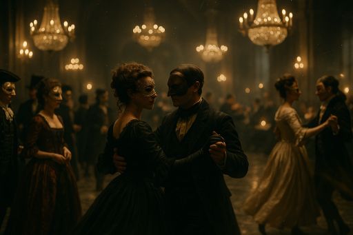 Choosing Themes for Adult Parties: Unique Ideas to Celebrate Cinematic depiction of a grand masquerade ball, featuring elegantly dressed guests in ornate masks waltzing in a dimly lit ballroom. The scene captures the atmosphere of mystery, highlighted by chandeliers and reflections on the marble floor, creating an immersive, historical ambiance.