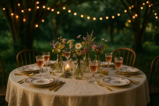 Celebration Ideas for Milestone Birthdays: How to Celebrate and Mark Special Ages A whimsical garden party setup inspired by 'Midsummer Night's Dream' with vintage china, golden cutlery, wildflower posies, and rosé in goblets under twilight fairy lights in a verdant garden.