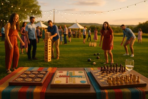 Vibrant outdoor event during golden hour featuring guests enjoying vintage board games, giant Jenga, and lawn bowling. Colorful table settings, glowing festoon lights, and a scenic hillside in the background enhance the festive atmosphere, captured with rich textures and dynamic interactions.