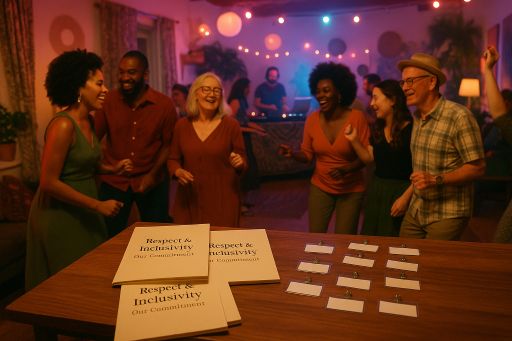 Best Practices for Stress-Free Parties: Host with Ease and Confidence A lively private dance party depicts a safe, inclusive atmosphere with vibrant lighting, diverse guests, and safety information booklets.