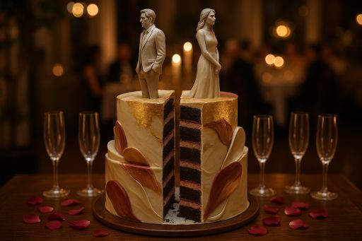 Choosing Entertainment for Divorce Parties: Ideas to Kickstart Your Single Life in Style A hyper-realistic multi-tiered divorce cake featuring intricate details, such as delicate sugar figurines facing opposite directions and gold leaf finish, set on a polished table with rose petals and champagne flutes, reflecting a celebratory atmosphere.