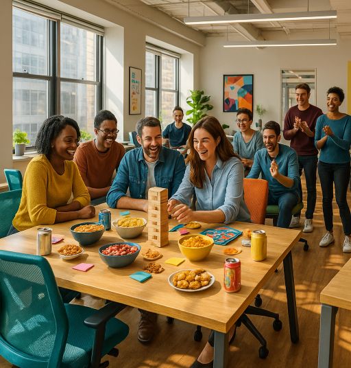 Balancing Fun and Respect at Parties: Essential Etiquette for Common Office Celebrations A vibrant open-plan office scene during a lively workplace event. Employees play games and enjoy snacks. Bright decor and sunlight create a cheerful atmosphere. Modern furniture and motivational art complete the engaging setting. Captured with a Nikon D850, ensuring vivid colors and textures.